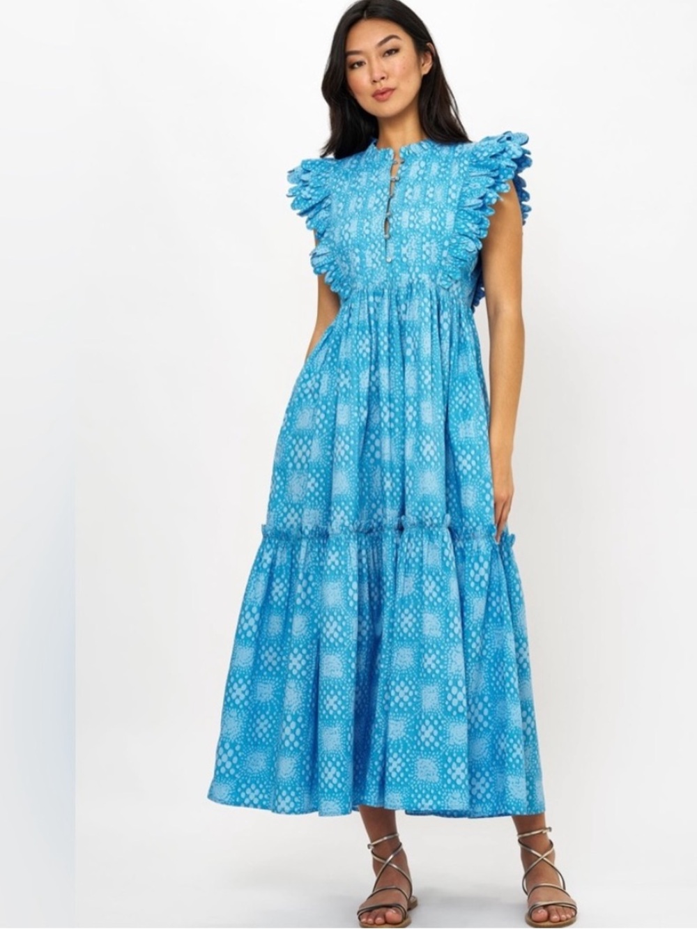 Oliphant Scallop Pintuck Maxi Dress Matrix Blue Floral Size Large